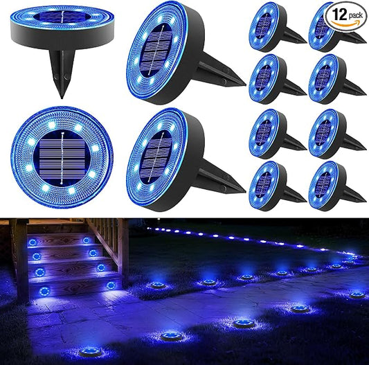 Joomer 12 Pack Solar Ground Lights, 8 LED Solar Lights Outdoor Waterproof IP68 Solar Disc Lights Landscape Lighting Garden Lights for Patio Pathway Lawn Yard Driveway Walkway(Blue)