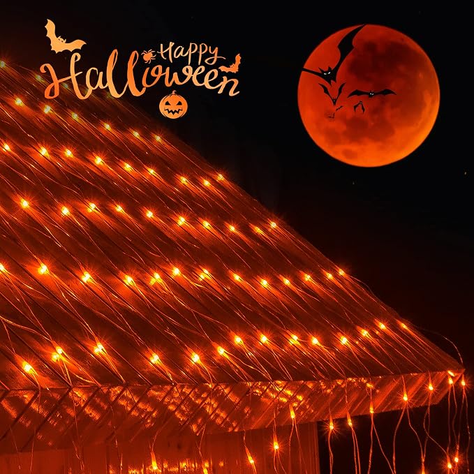 woohaha Outdoor Halloween Net Lights, 9.8FTx6.6FT 192 LED Plug-in Mesh Lights with 8 Lighting Modes, Connectable Light for Bush Christmas Garden Tree Holiday Wedding Party Decor, Orange
