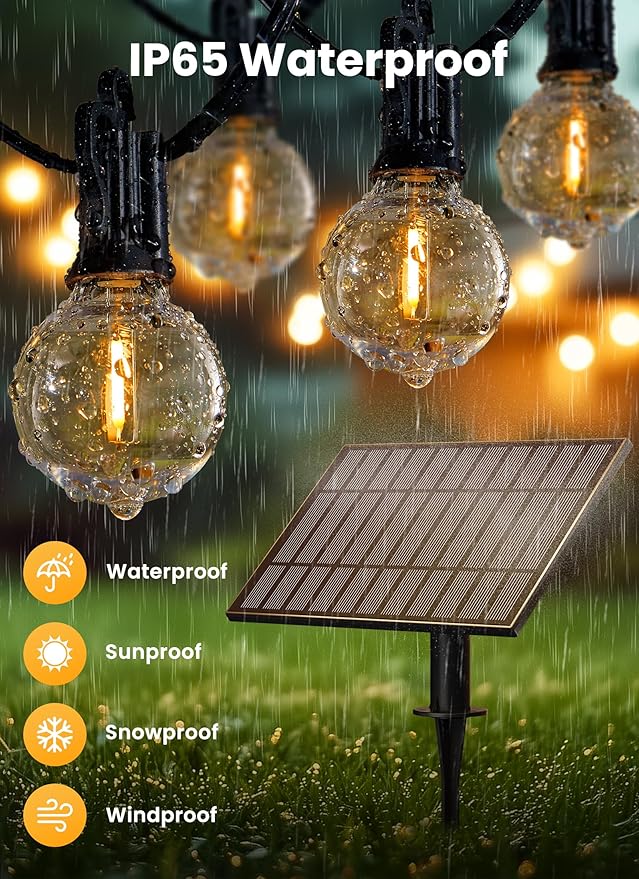 Brightown 58FT 26LED Solar String Lights Outdoor with Remote & USB Port, Shatterproof Bulbs, Dimmable & Timable, 3 Modes, Patio Lights Solar Powered with Mount Clips for Camping Backyard Garden Decor