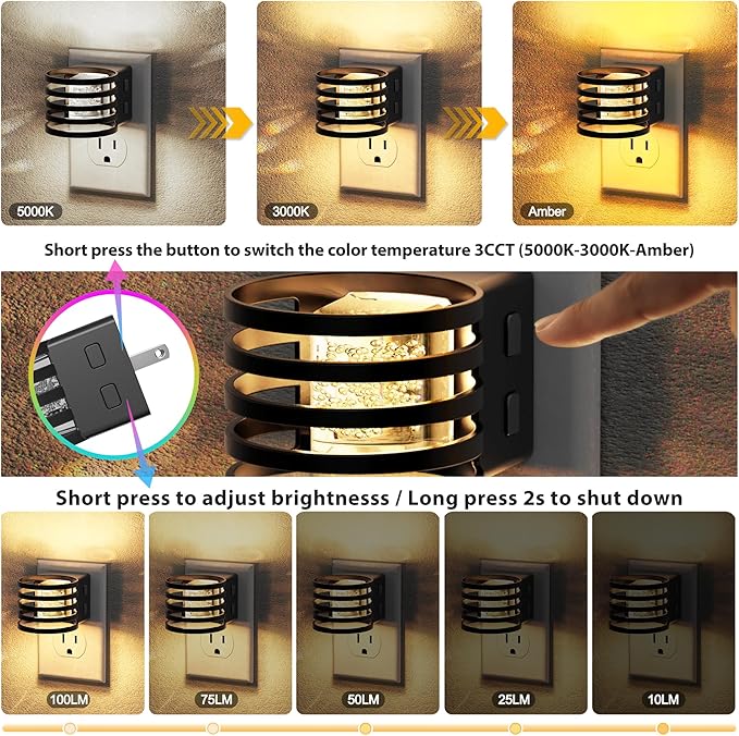 JandCase LED Night Light, [2 Pack] Bubble Night Lights Plug into Wall, Dimmable Nightlight with Dusk to Dawn Sensor, Amber/3000K/5000K & 5 Brightness Levels, for Bedroom Bathroom Hallway