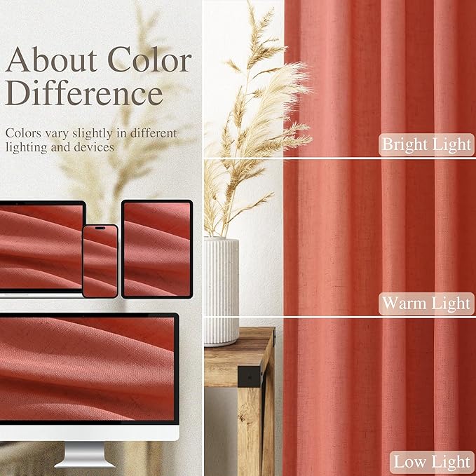 Nanspring Coral Linen Curtains 108 Inches Long 2 Panels Set Back Tab Loop Pocket Light Filtering Semi Sheer Boho Large Window Decor Extra Long Drapes for High Ceiling Living Room 52x108