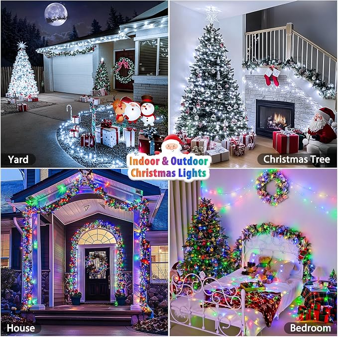 JMEXSUSS 2 Pack 100 LED Color Changing Christmas Lights Indoor, 33ft Cool White & Multicolor Christmas Lights Outdoor Waterproof, Clear Wire String Light Plug in for Xmas Tree Bedroom Decorations