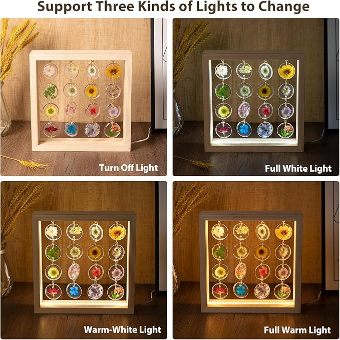 SMUK Handmade Dried Flower LED Desk Lamp, 3 Way Dimmable Cute Pressed Flower Bedside Lamp with Wooden Frame for Desk, Table, Bedroom, Living Room, Office, Aesthetic Cute Table Lamp