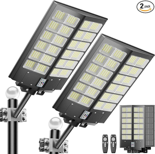 2-Pack Solar Street Light - 9000W Solar Street Lights Outdoor 300000LM, 7000K Commercial Parking Lot Light, Flood Outdoor Lights IP67 Waterproof with Motion Sensor, 3-Year Warranty