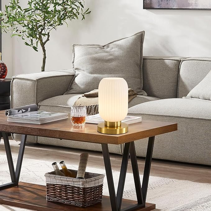 Dimmable White Glass Table Lamp: Mid Century Modern Nightstand Light with Milk White Shade - Small Decorative Brass Desk Lamp - Ribbed Glass Bedside Tables Lamps for Bedroom Living Room Bulb Excluded