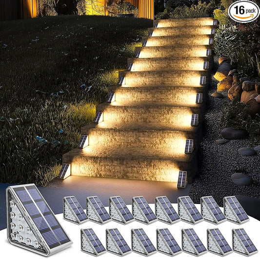 NIORSUN Outdoor Step Lights, 16 Pack Solar Stair Lights Outdoor Waterproof IP67 Auto On Off, Solar Lights for Steps,Stair,Patio,Yard,Porch,Front Door,Sidewalk,Deck Decor,Warm White