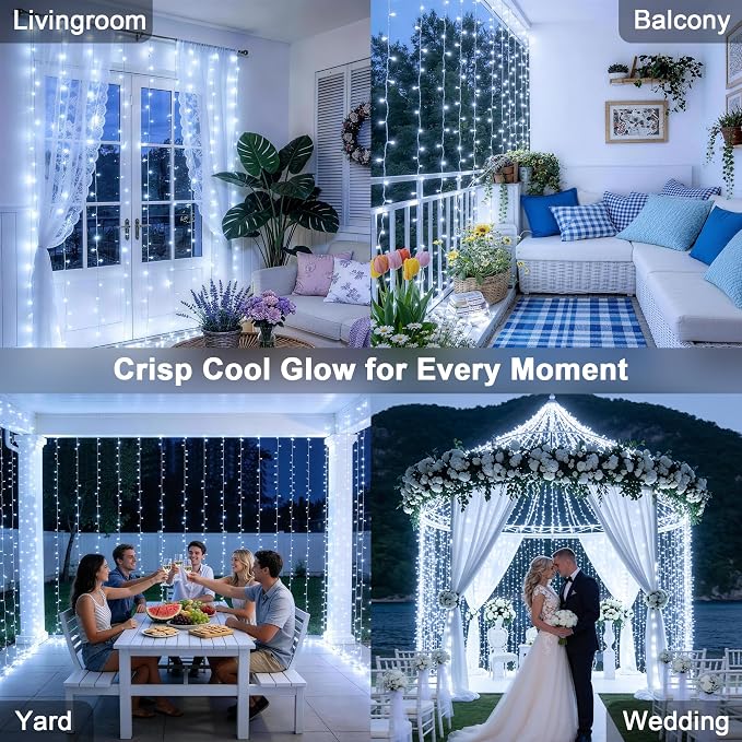 JMEXSUSS 9.5x29.5ft Curtain Lights Indoor Outdoor Decor with Remote, 900LED White Christmas Lights Plug in, Hanging String Lights for Bedroom, Wall, Window, Patio, Garden, Wedding, Reception, Backdrop
