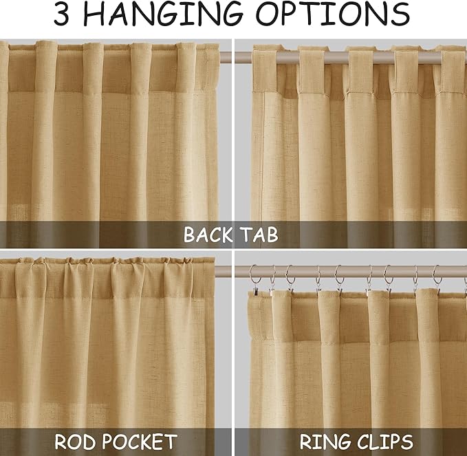 Gold Yellow Linen Curtains 108 Inches Long for Living Room 2 Panels Set Extra Long Back Tab Curtain Semi Sheer Light Filtering Gold Yellow Drapes Floor to Ceiling Curtains for Large Windows 52x108