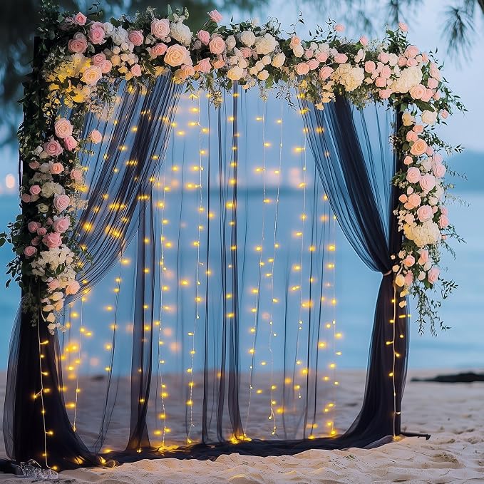 Tulle Backdrop Curtain with Lights String 10FT X 10FT Black Sheer Tulle Backdrop Curtains for Wedding Birthday Party Reception Photo Booth Background Decorations (2 Panels 5x10FT)