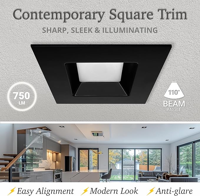 NUWATT 4 Pack, Black 4 Inch LED Ceiling Light Square Retrofit Can Light, 5CCT 2700K/3000K/3500K/4000K/5000K Selectable, 750 Lumens, 11W, Dimmable, ETL ES JA8 T24 Compliant, Wet & IC Rated