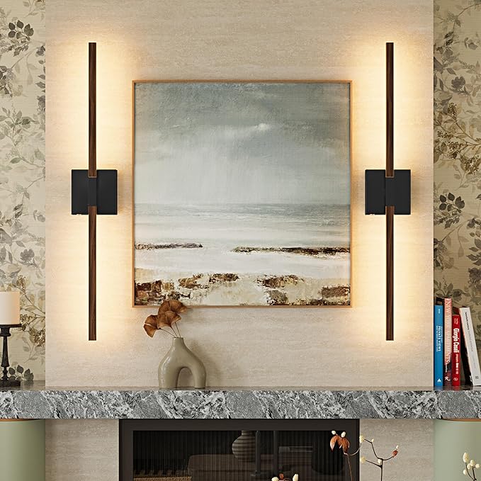 Rayogale Rechargeable Battery Operated Wall Sconce Set Two, 8000mAh Cordless, 3000K/4500K/6000K, Dimmable, Touch Control, 360° Rotation for Living Room Black Walnut 24 Inch(2 Pack)