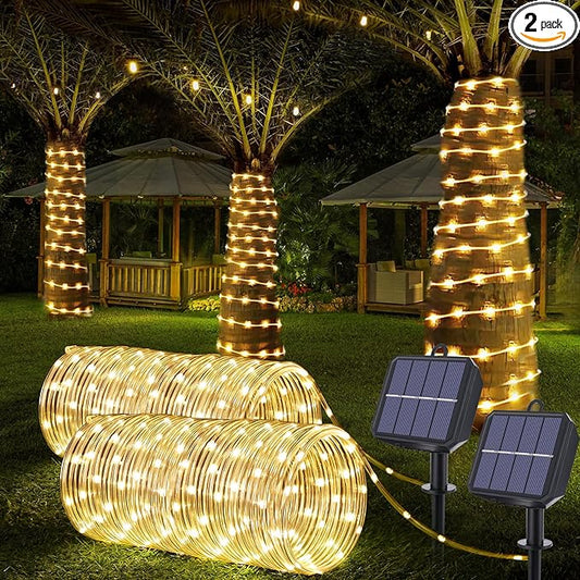 Solar Rope Lights, 2 Pack Total 66ft 200LED Solar String Lights, 8 Modes Waterproof Solar Outdoor Light, Flexible Clear Trampoline Light for Garden Yard Patio Deck Porch Pool Tree Decor - Warm White