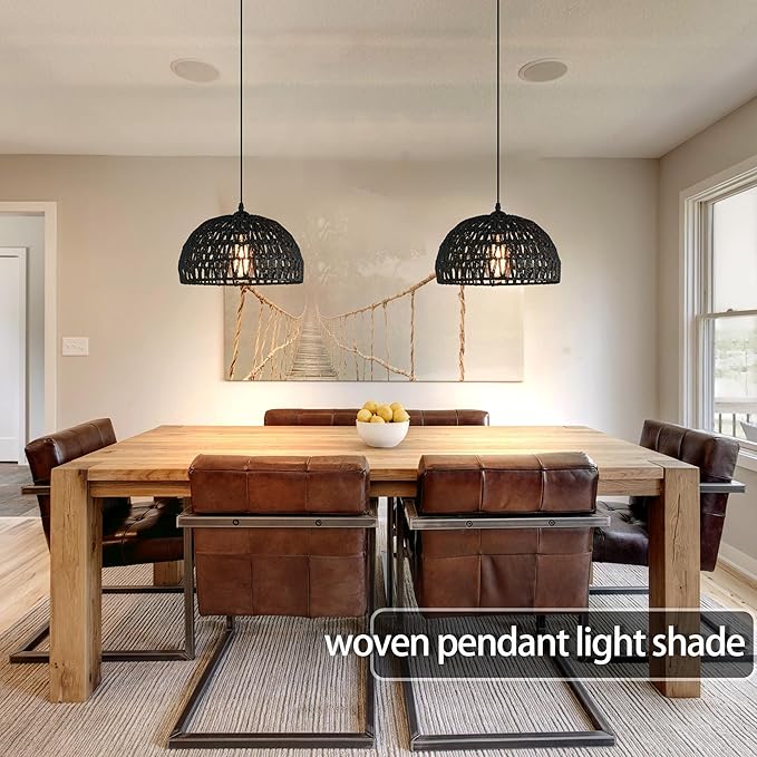 Ayshwill Dec Black Rattan Wicker Pendant Light - 15ft Boho Rattan Chandelier for Dining Room Kitchen Island (Bulb Included)