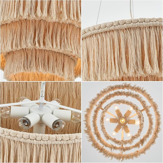 24” Fringe Chandelier with Tassels 3-Tier Boho Hand Woven Pendant Light for Dining Room Kitchen Island Living Room Foyer, UL Listed