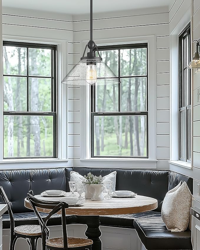 Black Pendant Light, HWH Hanging Light Fixtures for Dining Room, Bedroom, Glass Pendant Light for Kitchen Island with Seeded Glass, 5HYS89MIL-G1 BK