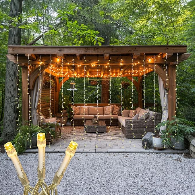Novelty Lights LED Curtain Light Set, 300 LED Warm White, 8 Function, Non-Connectable, Clear Wire