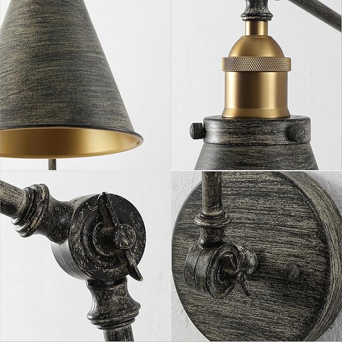 JONATHAN Y 7" Rustic Dark Gray/Brass Gold Classic Industrial Metal Adjustable Arm LED Wall Sconce for Bedside Reading, Farmhouse Swing Arm Wall Lamp with Metal Shade, Hardwired (JYL7462D)