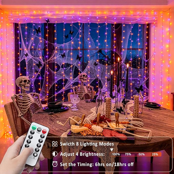 JMEXSUSS 200 LED Orange and Purple Halloween Lights, 8 Modes Curtain Halloween Lights with Remote, USB Curtain String Lights Plug in for Party Bedroom Window Halloween Decorations