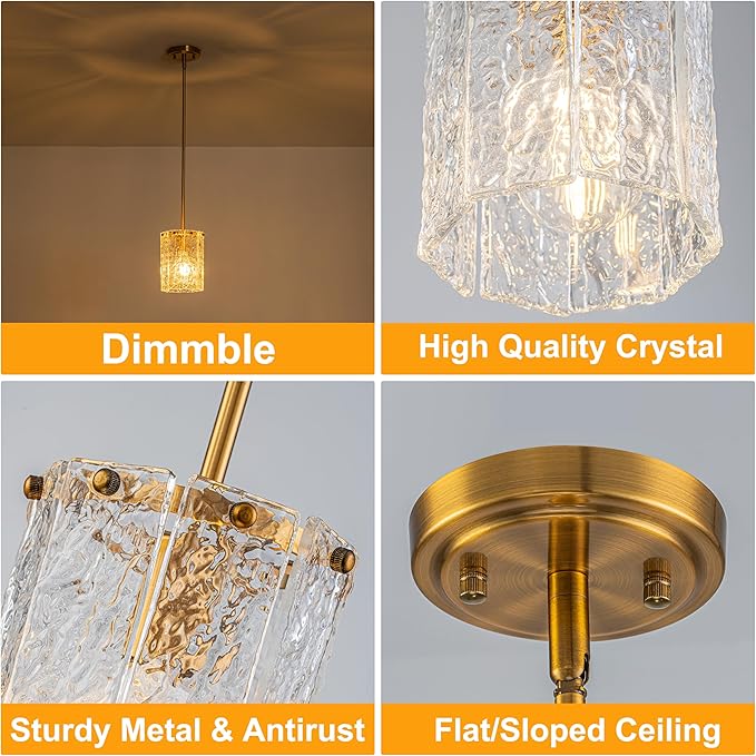 Modern Gold Pendant Light, Round Handmade Glass Kitchen Island Lighting, Mini Brushed Brass Cylinder Hanging Light Fixture for Dining Room Bedroom Hallway