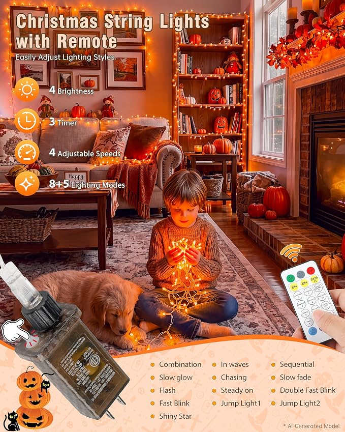 Halloween String Lights Indoor Outdoor,33FT 100 LED Orange Thanksgiving Twinkle Lights,13 Modes Fairy Lights Plug in,Connectable IP65 Waterproof for Xmas Tent Patio Tree Party Decor(Orange)