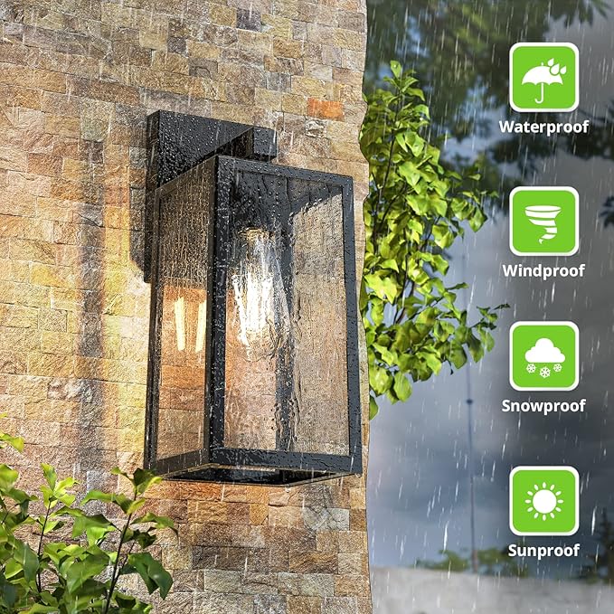 MAXvolador Outdoor Wall Sconce, Large Exterior Waterproof Wall Lantern Light Fixture, Black Porch Lights Glass, Anti-Rust E26 Patio Lighting, 2 Pack