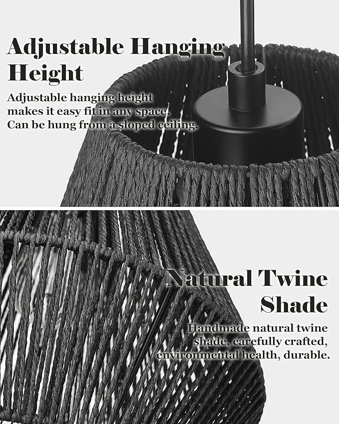 ELYONA 16.5” Large Modern Woven Chandelier Farmhouse Coastal Pendant Light Fixtures Matte Black Handwoven Rattan Basket Shade Boho Pendant Hanging Lamp for Kitchen Dining Room Bedroom Foyer Hallway