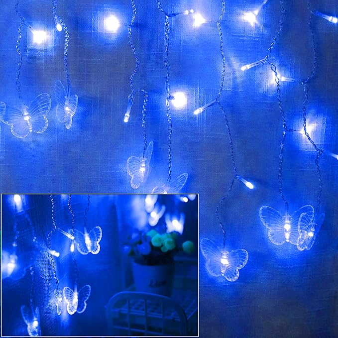 Curtain Butterfly String Light 20Ft 120LED Window USB Fairy Lights 24 Butterfly 8 Modes with Remote Control for Room Bedroom Patio Party Wedding Holiday Christmas Decoration (Blue)