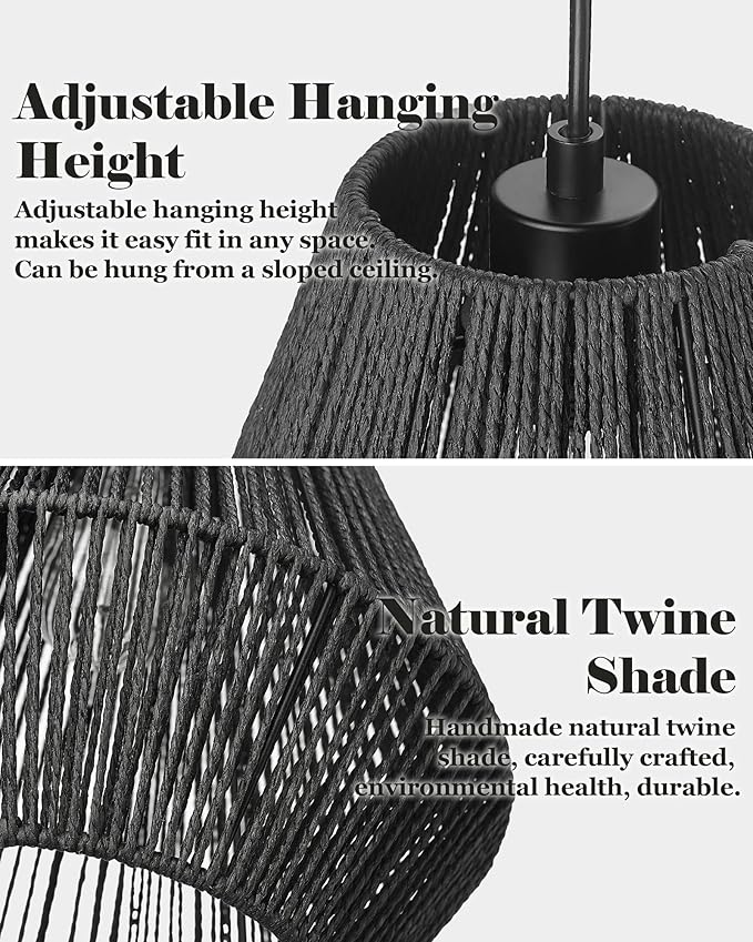 ELYONA Modern Woven Pendant Light Fixtures, 7" Farmhouse Coastal Hanging Lamp, Matte Black Handwoven Rattan Basket Shade, Boho Pendant Light for Kitchen Island Bar,Dining Room, Bedroom,Hallway 3 Pack