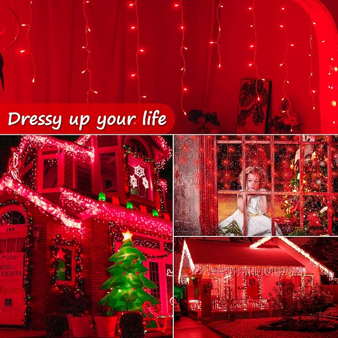 Christmas Icicle Lights Outdoor,300LED 33FT Christmas String Lights,Connectable Valentine's Day Lights with 30V Plug in for Valentine Wedding Party Eave Garden Wall Indoor Decor, Red