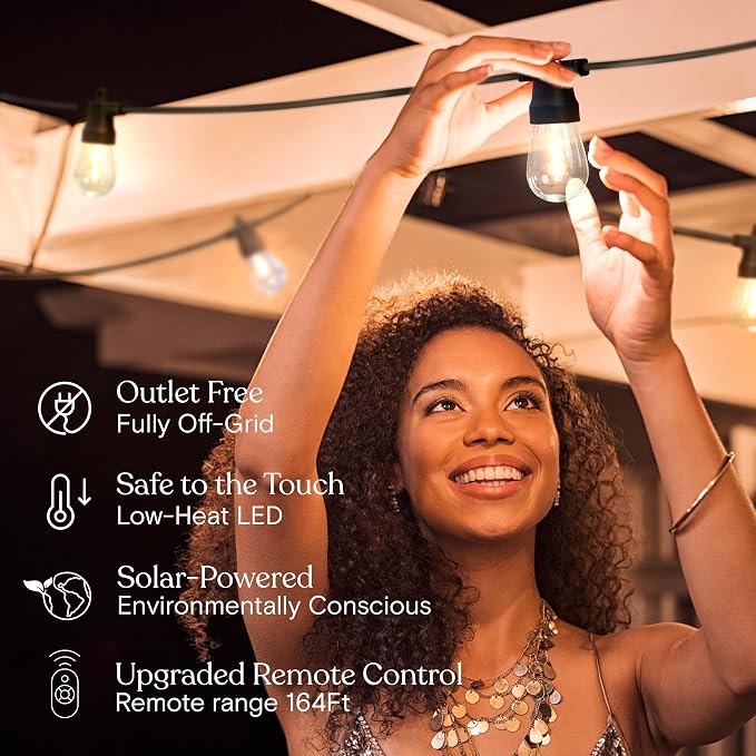 Brightech Ambience Hybrid Outdoor String Lights - Dual Plug and Solar Powered Waterproof LED Light String for Outside - Dimmable Color Changing Edison Bulbs for Camping, Patio, Cafe, Yard - 104ft, 7W