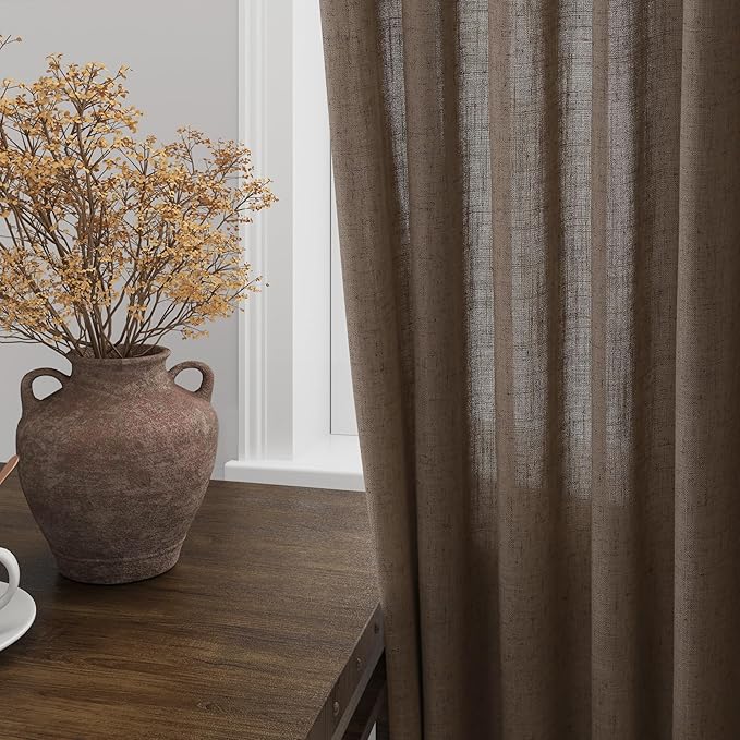 Light Brown Linen Curtains 63 Inches Long for Bedroom Back Tab Light Filtering Privacy Sheer Curtains Modern Farmhouse Coastal Decor Light Brown Cotton Textured Gauze Curtain for Bathroom 2 Panel Set
