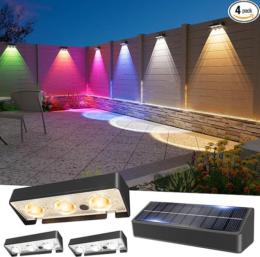 JOFIOS Solar Fence Lights Outdoor, 4 Pack, 9 Fixed Colors ＆ Color Changing Fence Lights Solar Powered Waterproof IP65 Dusk-to-Dawn LED Deck Lighting for Patio, Railing, Pool, Porch, Backyard, Wall