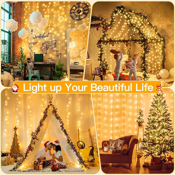 Ollny Christmas Curtain Lights 300 LED 9.8 FTx9.8 FT, Outdoor Waterproof Curtain String Lights with Remote Timer 8 Modes, USB Waterfall Window Lights for Wall Backdrop Home Decorations (Warm White)