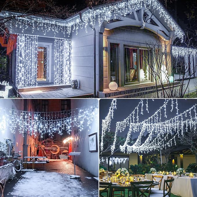 Icicle Lights Outdoor Decorations 300 LED 33ft 8 Modes Curtain Fairy String Light with 50 Drops, LED String Light Indoor for Wedding Party Holiday Christmas Decorations,White