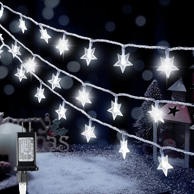 HEYFUNi White Star String Lights, 33FT 100 LED Plug in with Timer | 8 modes, dimmable white glow, 6H on/18H off timer, waterproof star lights for Christmas tree, garden, wedding, party decor