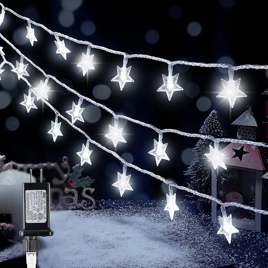 HEYFUNi White Star String Lights, 33FT 100 LED Plug in with Timer | 8 modes, dimmable white glow, 6H on/18H off timer, waterproof star lights for Christmas tree, garden, wedding, party decor