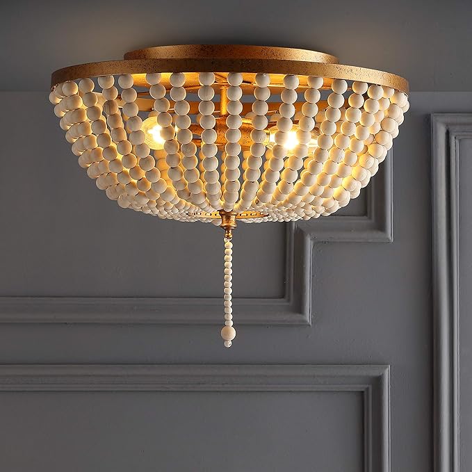 JONATHAN Y 15" Antique Gold/Cream Allison 3-Light LED Flush Mount Ceiling Light for Bedroom, Wood Beaded Shade Shabby Chic Farmhouse Rustic Decor, LED Bulbs Included (JYL9019A)