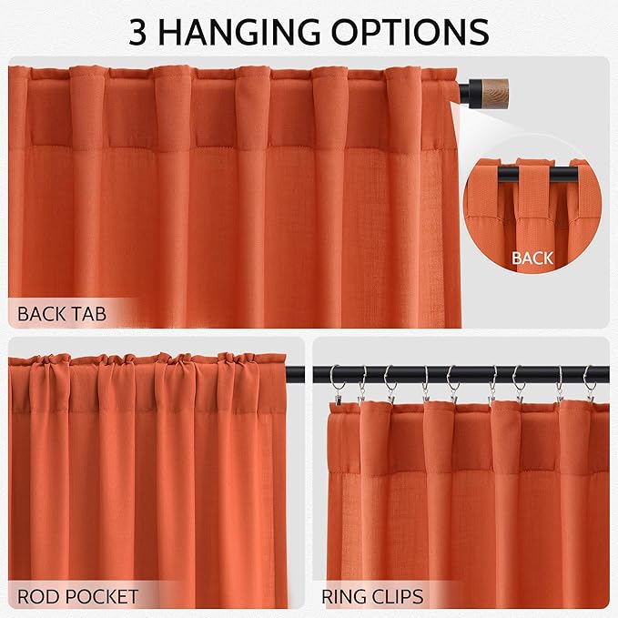 Nanspring Bright Orange Linen Blend Light Filtering Back Tab Curtains 108 Inches Long, Semi Sheer Privacy Drapes for Living Room & Bedroom, 52x108 inch, 2 Panels
