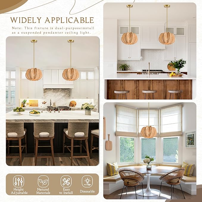 Rattan Pendant Light 12.6 in Hemp Rope Rattan Light Fixture Woven Pendant Wicker Chandelier Boho Chandelier for Hallyway