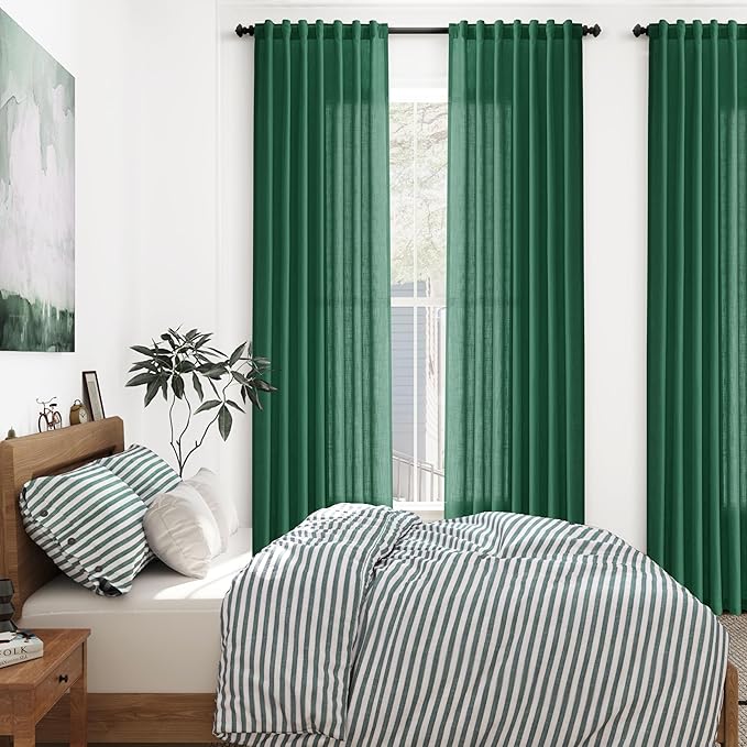 Nanspring Dark Green Linen Curtains 84 Inch Length 2 Panels Set for Living Room Rod Pocket Back Tab Light Filtering Window Drapes for Bedroom Dining Room Privacy Country Farmhouse Decor 52x84