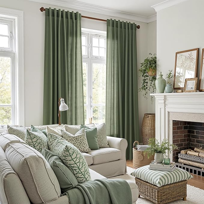 Nanspring Forest Green Linen Curtains for Living Room 72 Inches Long Light Filtering Semi Sheer Curtain Back Tab and Rod Pocket Wabi Sabi Boho Decor Luxury Drapes for Bedroom Office 52x72, 2 Panels