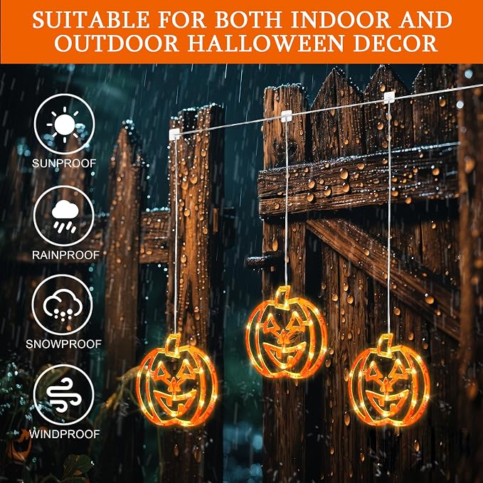 woohaha Halloween Window Lights,48LED 3 Pumpkin Curtain String Lights USB/Battery Operated,Hanging Light for Indoor Outdoor Bedroom,Room,Wall,Party,Holiday Decorations(Orange)