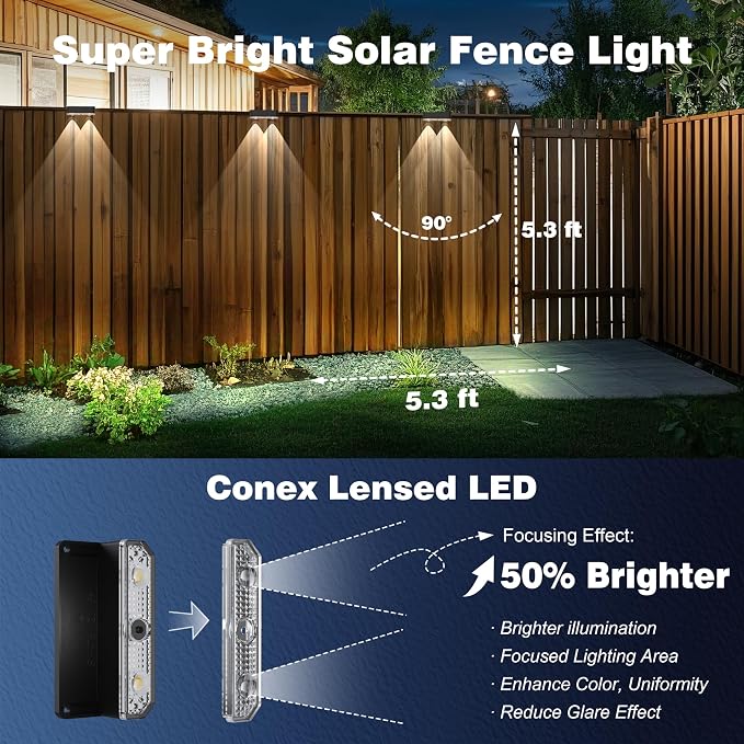 Peasur Solar Fence Lights Outdoor 6 Pack, Deck Light Solar Powered, Waterproof LED Step Lights for Railing Yard Patio Outside, Cool White
