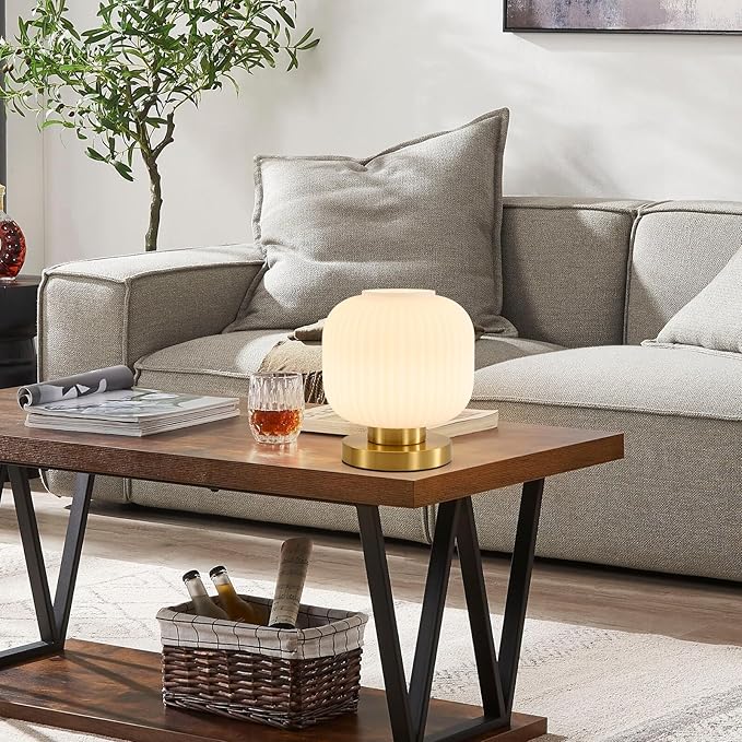 Dimmable Small Glass Table Lamp: Mid Century Modern Nightstand Light with Milk White Shade - Small Decorative Brass Desk Lamp - Ribbed Glass Bedside Tables Lamps for Bedroom Living Room Bulb Excluded
