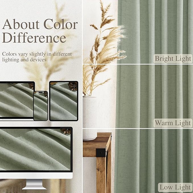 Nanspring Desert Sage Linen Curtains 108 Inches Long for Living Room Bedroom 2 Panels Set Extra Long Back Tab Curtain Light Filtering Sheer Drapes Floor to Ceiling Curtain for Large Windows 52x108