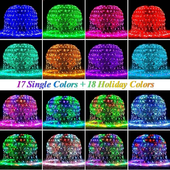 204 LED Net Lights, 35 Colors Changing Christmas Net Lights Outdoor, 9.8ft x 6.6ft Connectable Bush Mesh Light Clear Wire for Halloween Christmas Tree Holiday Wedding Party Gazebo Patio Decor