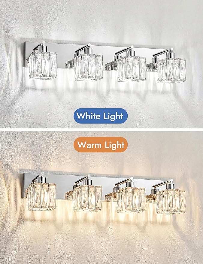 VOLISUN Chrome Bathroom Light Fixtures, Modern Stainless Steel Bathroom Lighting Fixtures Over Mirror, 4 Light Bathrooms Vanity Light, Crystal Vanity Light for Bathrooms-UL Certificated(Exclude Bulb)