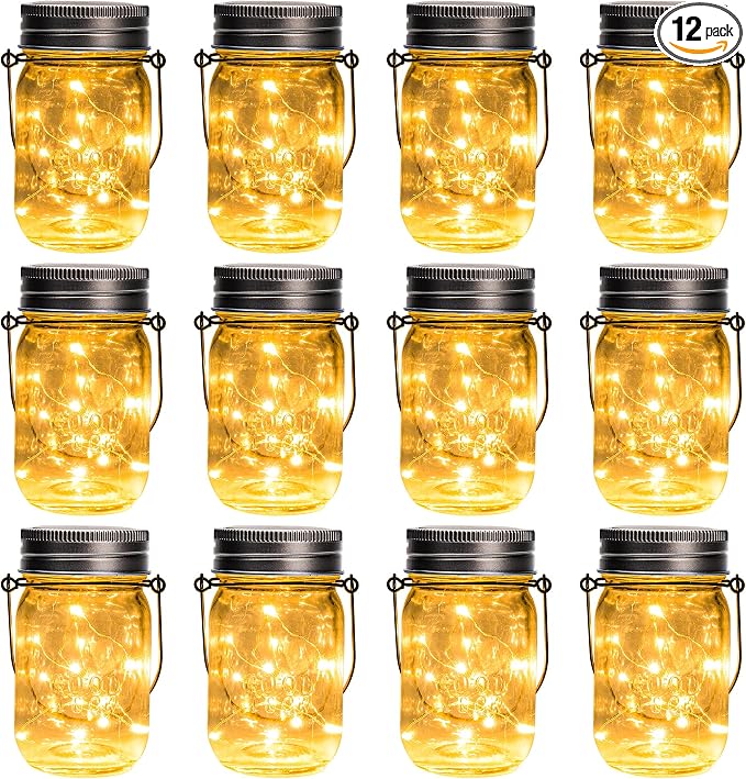 GIGALUMI Solar Mason Jar Lights, 12 Pack 30 Led String Fairy Lights Garden Lights Outdoor Waterproof Hanging Solar Lanterns for Outdoor, Garden, Patio, Lawn, Balcony Decoration