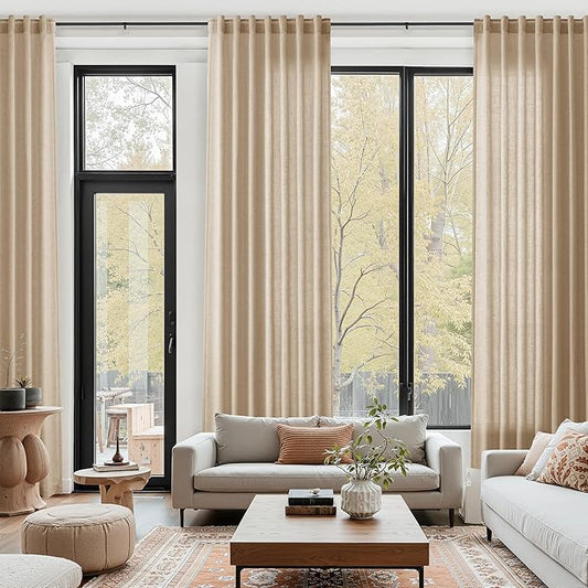 Sand Beige Linen Curtains 132 Inch Length for Living Room Simple Modern Light Filtering Semi Sheer Curtain Back Tab Rustic Home Decor Drapes Floor to Ceiling High Window for Bedroom 52x132, 2 Panels