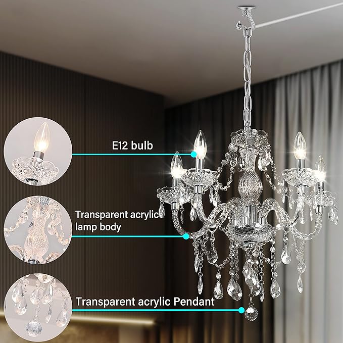 PAPAYA Plug-in 5 Light Crystal Hanging Pendant Lights Acrylic Chandelier with Clear Cord & On/Off Switch H19 D19.7 for Kitchen Island Girls' Room Dining Area Laundry Pavilion.